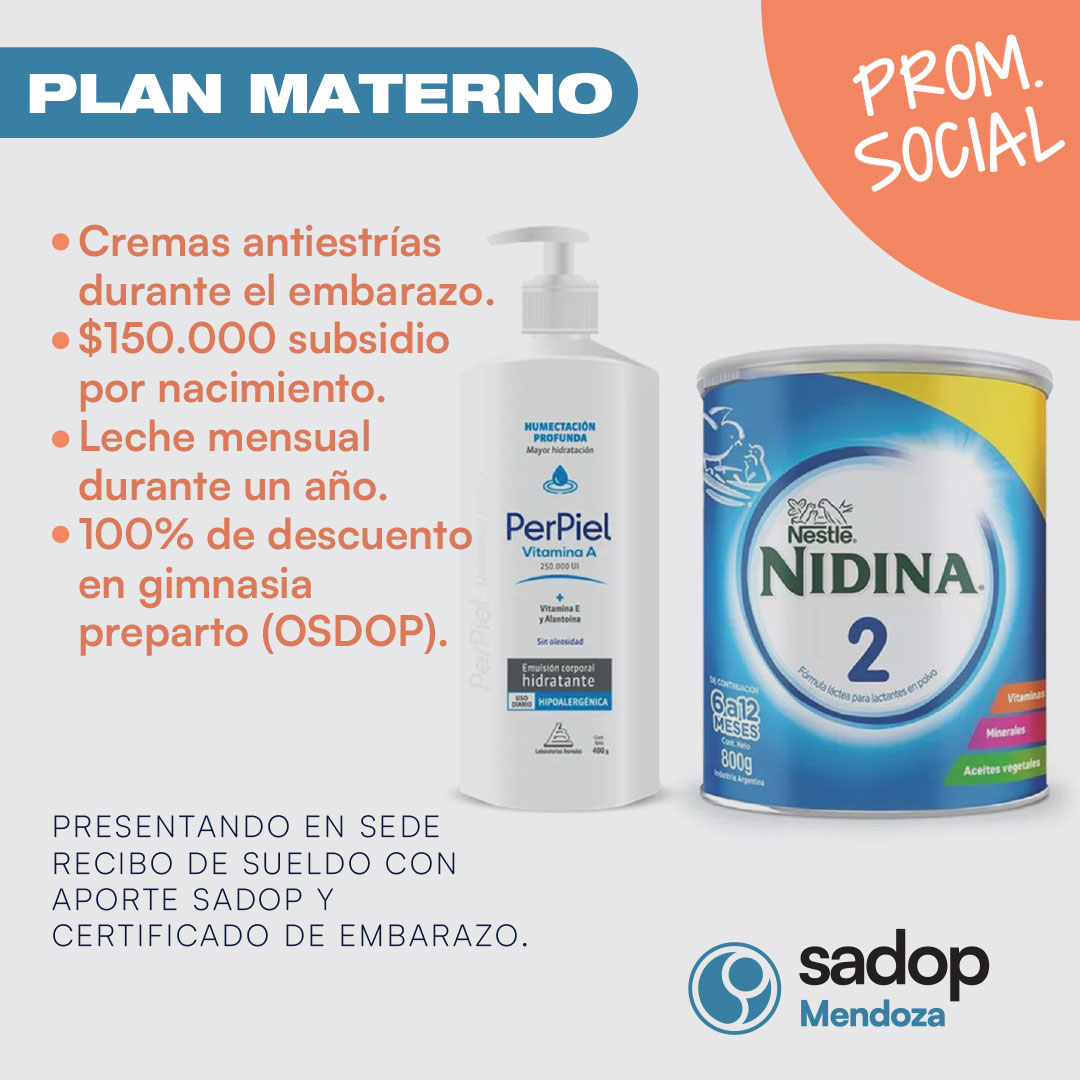 Plan Materno SADOP para afiliados/as durante embarazo y hasta el año del bebé.